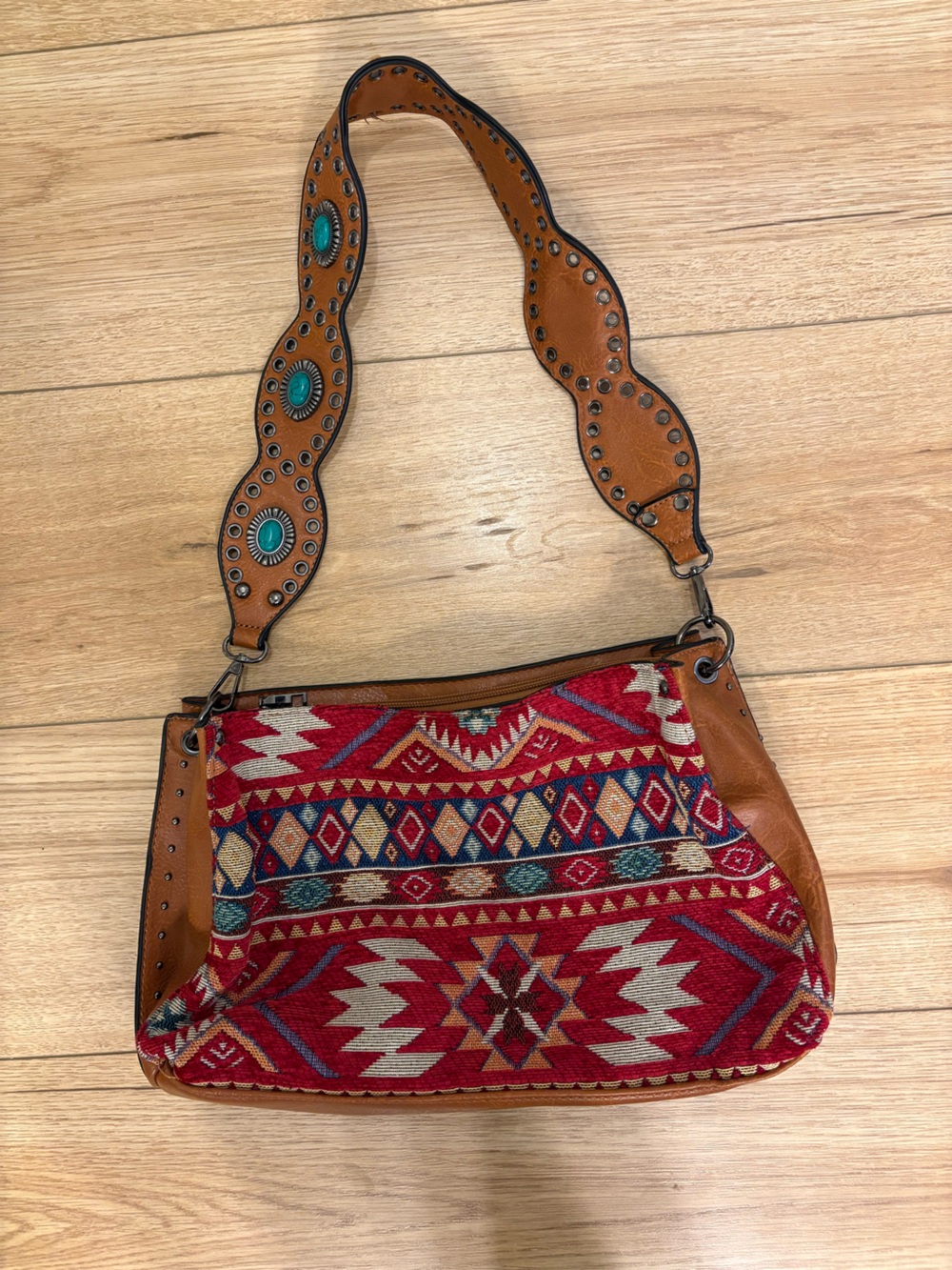 Turquoise-Accented Red Aztec Shoulder Bag with Tan Leather Strap